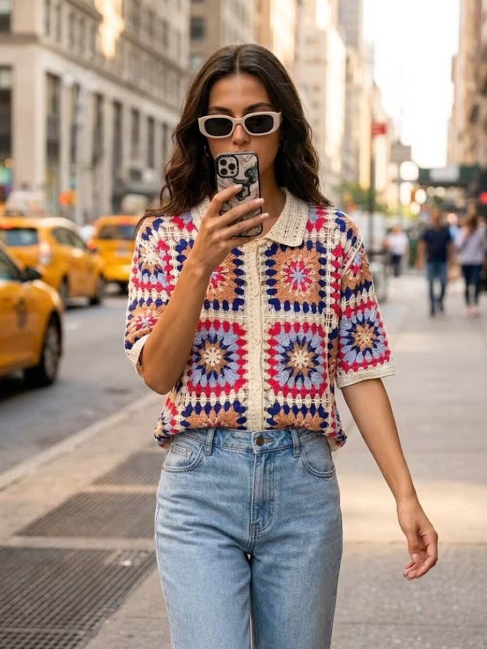 Boho Granny Square Crochet Polo Shirt Short Sleeve Knit Top Multicolored